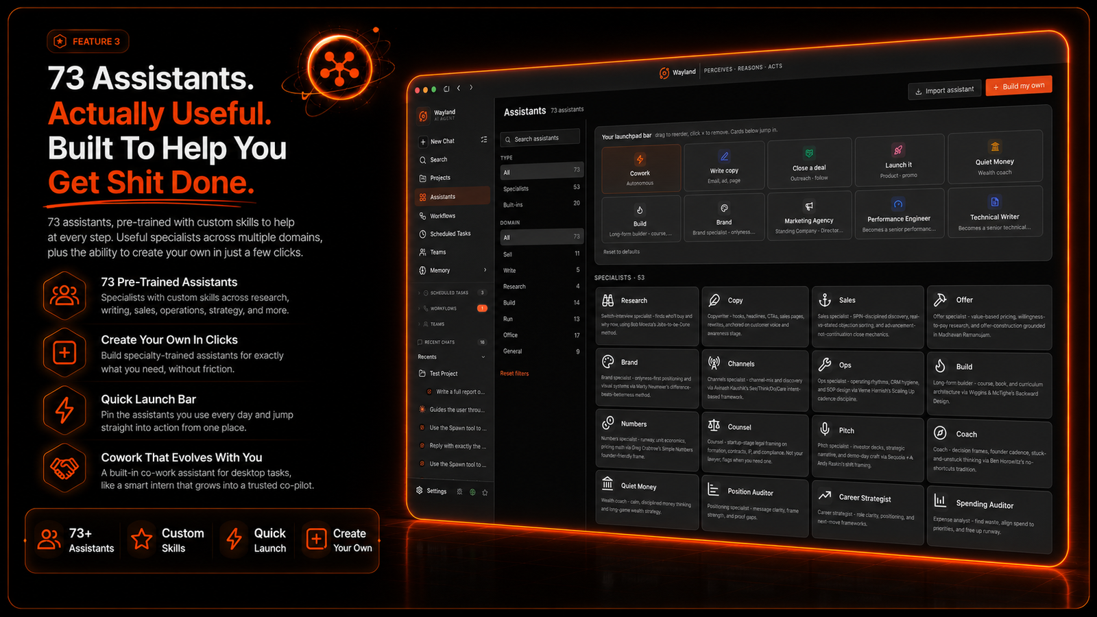 73 Smart Assistants panel in the Wayland AI agent app