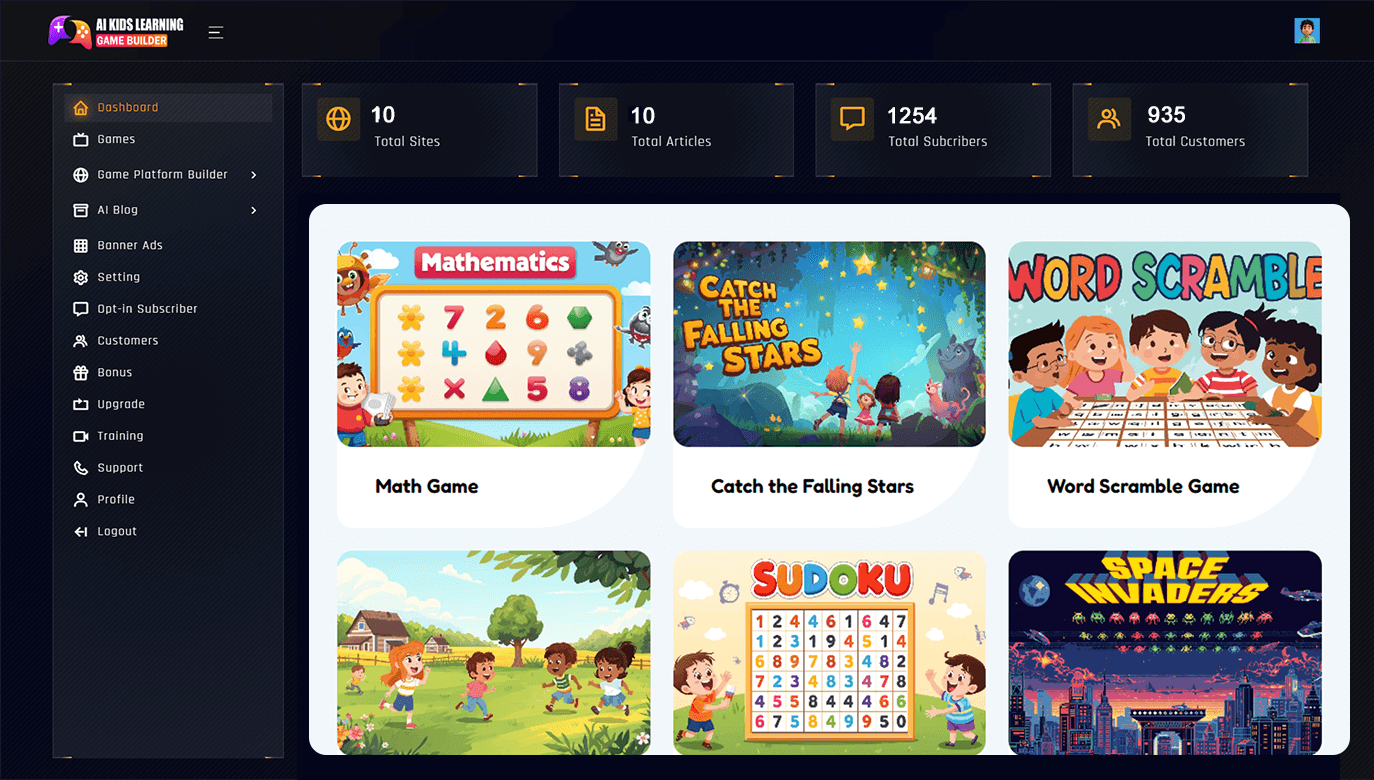 AI Kids Learning Game Builder AI game generation dashboard screen